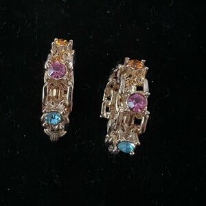 Vintage Sarah Coventry Signed Multicolor Rhinestone Hoop Earrings clip on